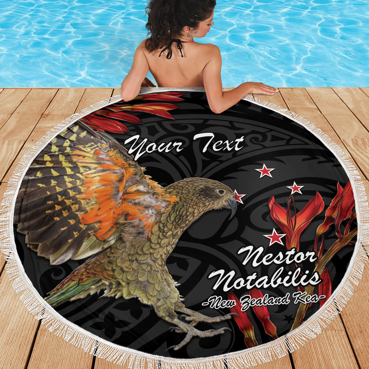 Personalised New Zealand Kea Beach Blanket Nestor Notabilis With Harakeke Maori Pattern