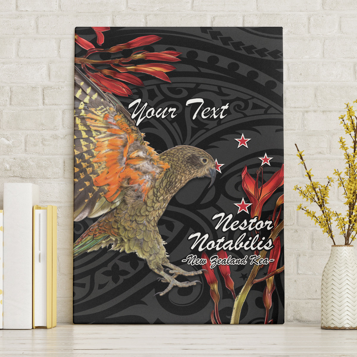 Personalised New Zealand Kea Canvas Wall Art Nestor Notabilis With Harakeke Maori Pattern