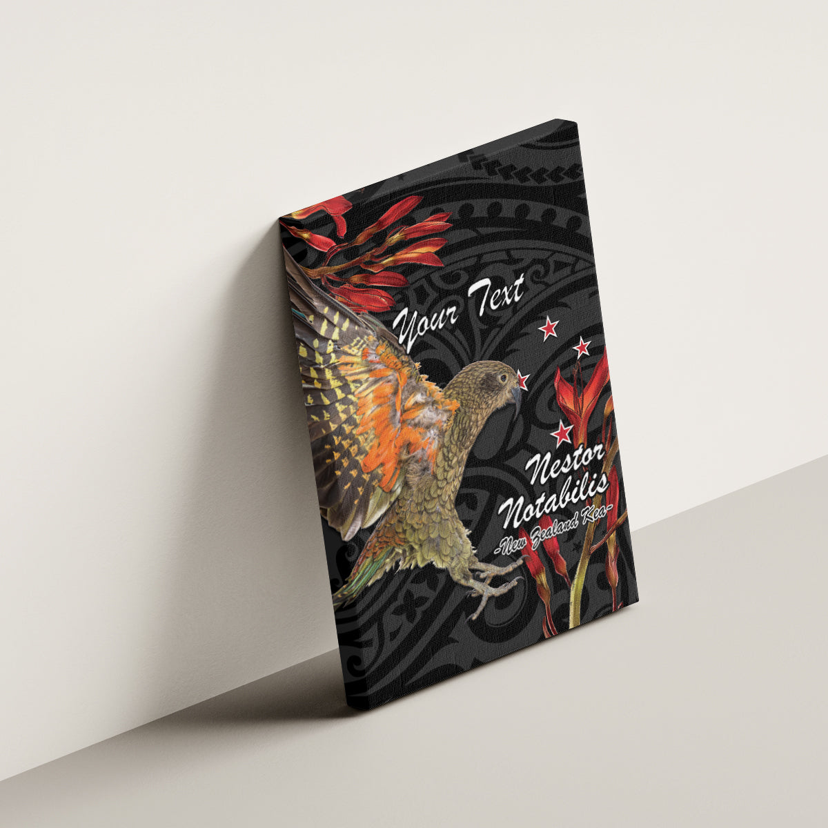 Personalised New Zealand Kea Canvas Wall Art Nestor Notabilis With Harakeke Maori Pattern