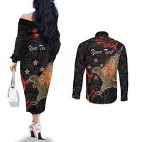 Personalised New Zealand Kea Couples Matching Off The Shoulder Long Sleeve Dress and Long Sleeve Button Shirt Nestor Notabilis With Harakeke Maori Pattern