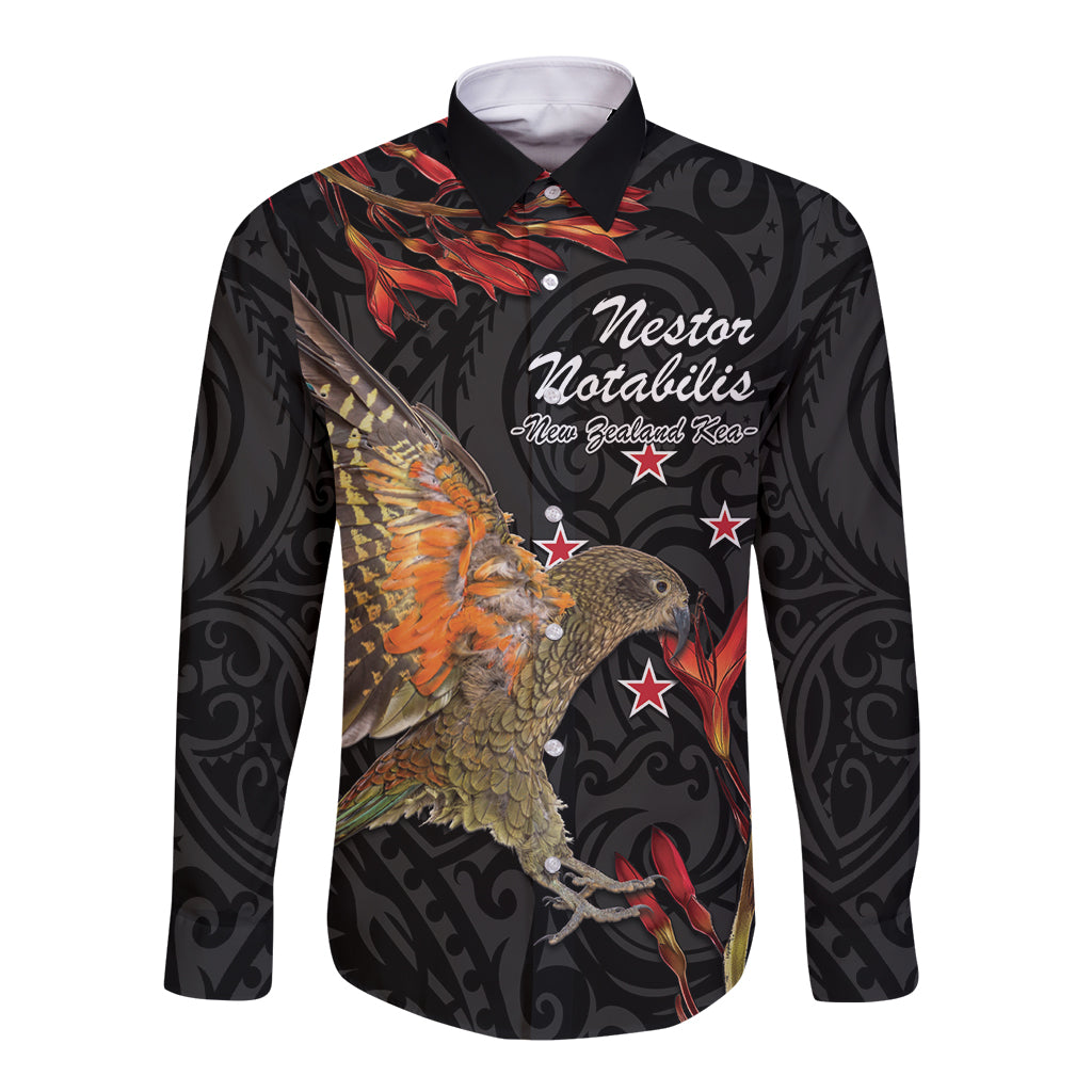 Personalised New Zealand Kea Long Sleeve Button Shirt Nestor Notabilis With Harakeke Maori Pattern LT14 Unisex Black - Polynesian Pride