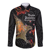 Personalised New Zealand Kea Long Sleeve Button Shirt Nestor Notabilis With Harakeke Maori Pattern LT14 Unisex Black - Polynesian Pride