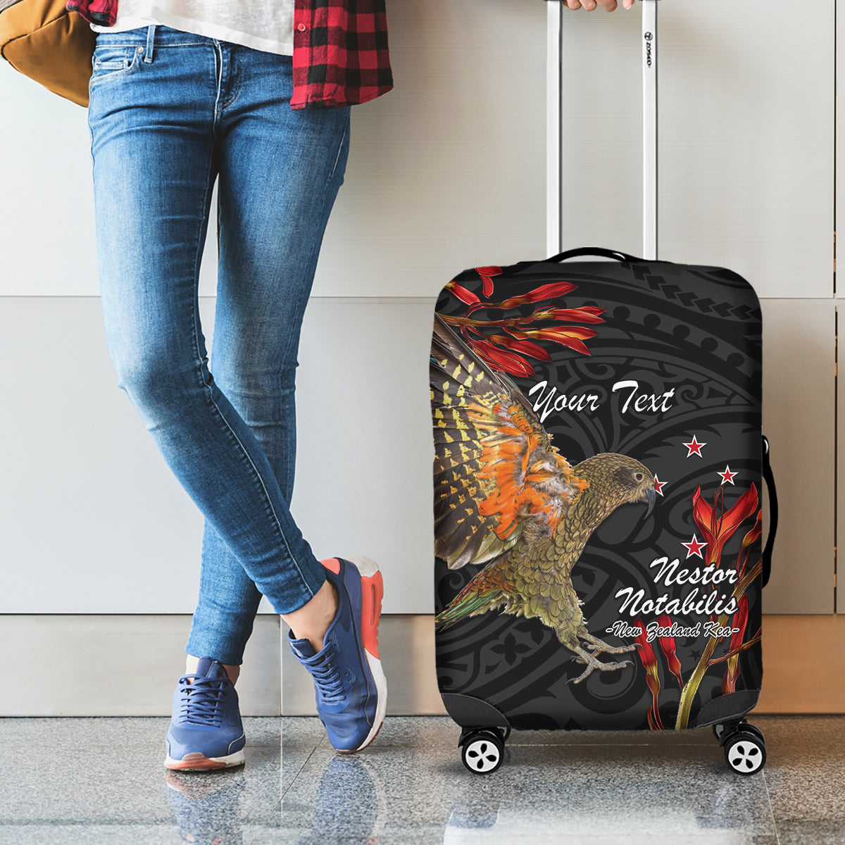Personalised New Zealand Kea Luggage Cover Nestor Notabilis With Harakeke Maori Pattern