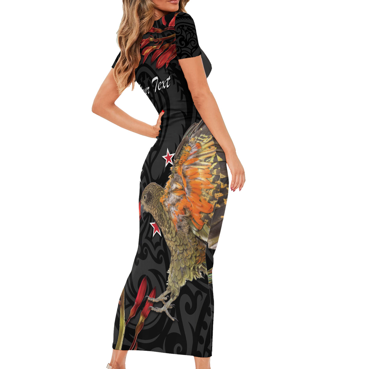 Personalised New Zealand Kea Short Sleeve Bodycon Dress Nestor Notabilis With Harakeke Maori Pattern