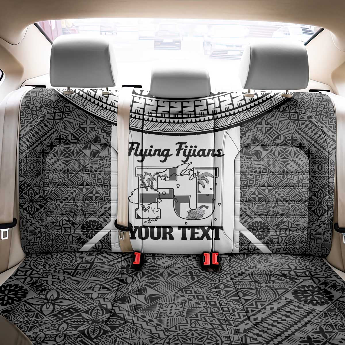 Custom Fiji Tapa Rugby Back Car Seat Cover Flying Fijian Black And White Version