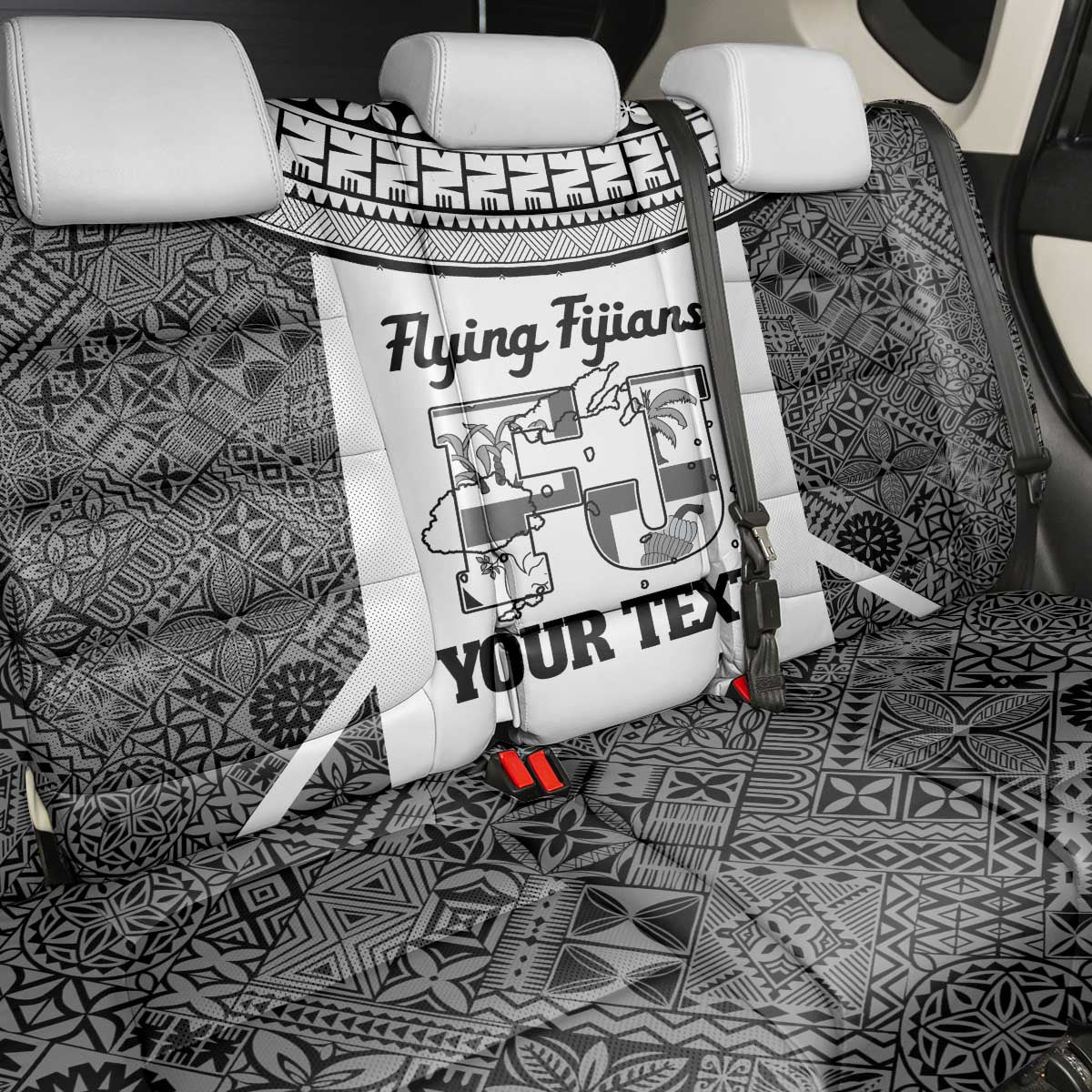Custom Fiji Tapa Rugby Back Car Seat Cover Flying Fijian Black And White Version