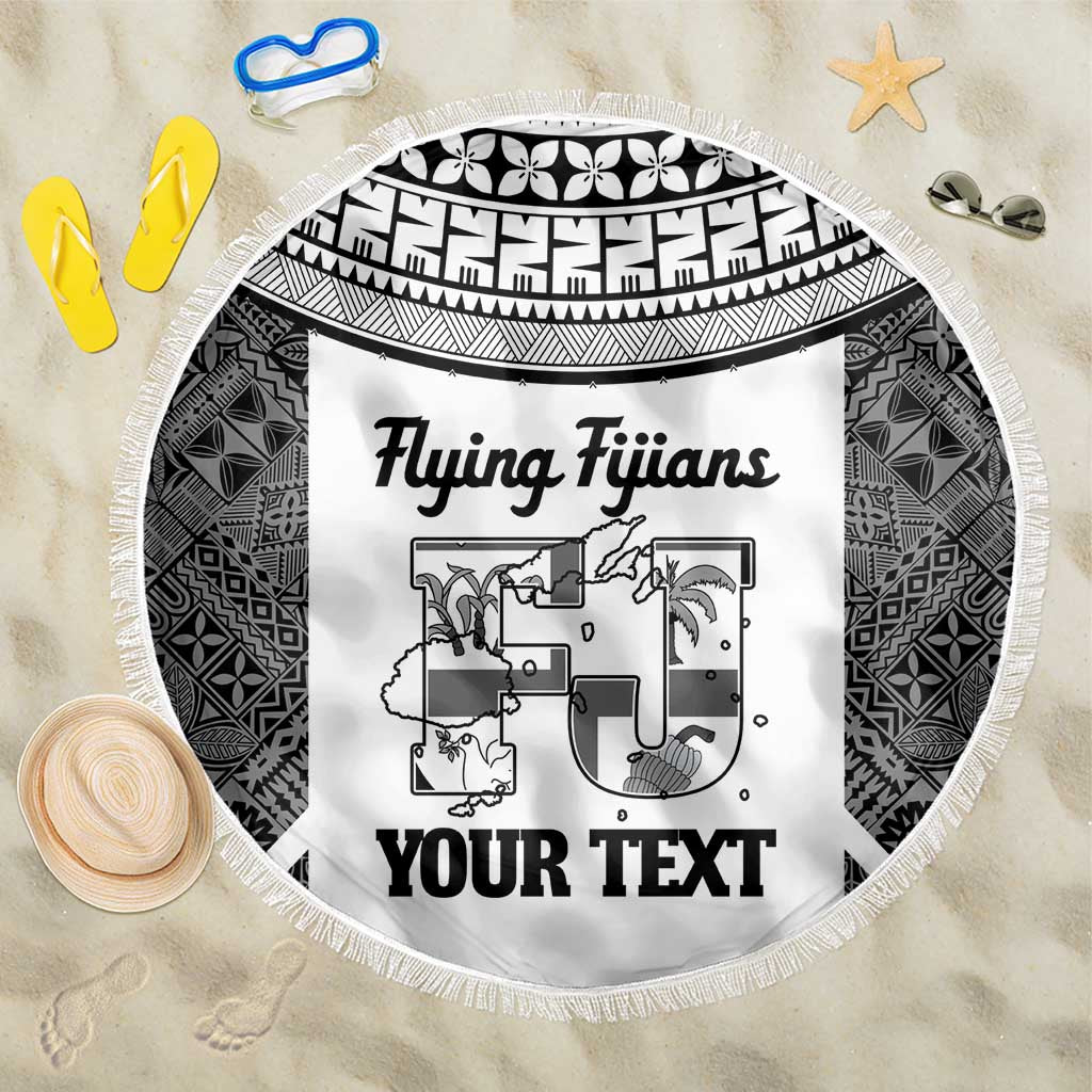 Custom Fiji Tapa Rugby Beach Blanket Flying Fijian Black And White Version