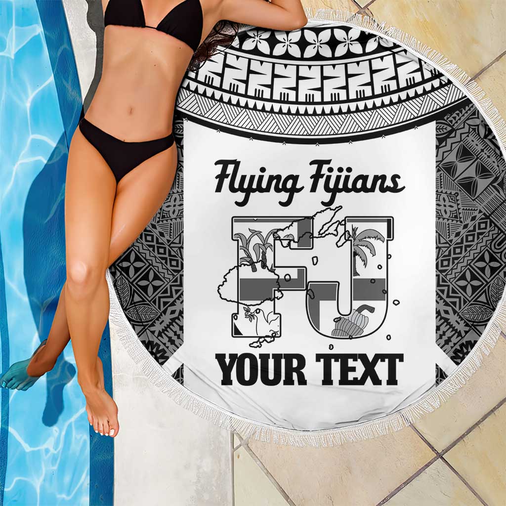 Custom Fiji Tapa Rugby Beach Blanket Flying Fijian Black And White Version