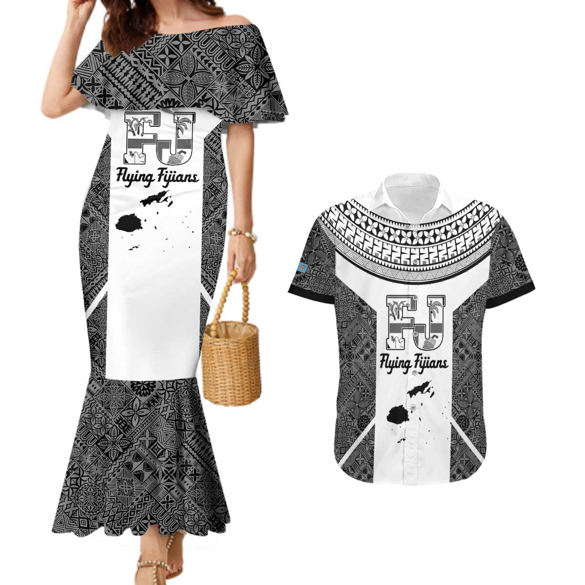 Custom Fiji Tapa Rugby Couples Matching Mermaid Dress and Hawaiian Shirt Flying Fijian Black And White Version