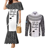 Custom Fiji Tapa Rugby Couples Matching Mermaid Dress and Long Sleeve Button Shirt Flying Fijian Black And White Version