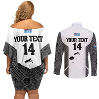 Custom Fiji Tapa Rugby Couples Matching Off Shoulder Short Dress and Long Sleeve Button Shirt Flying Fijian Black And White Version
