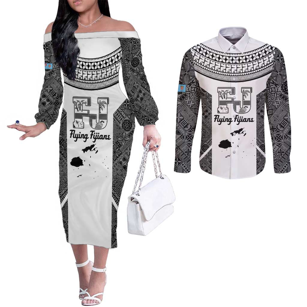 Custom Fiji Tapa Rugby Couples Matching Off The Shoulder Long Sleeve Dress and Long Sleeve Button Shirt Flying Fijian Black And White Version