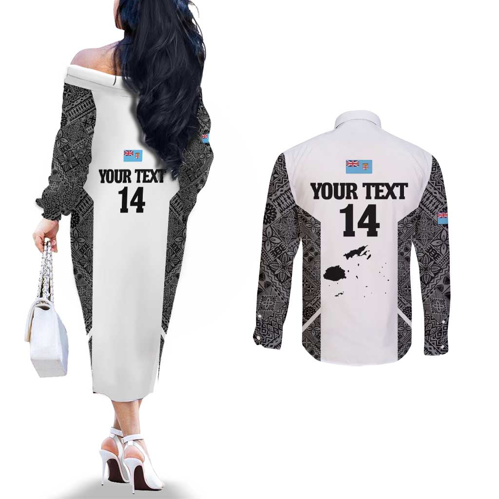 Custom Fiji Tapa Rugby Couples Matching Off The Shoulder Long Sleeve Dress and Long Sleeve Button Shirt Flying Fijian Black And White Version