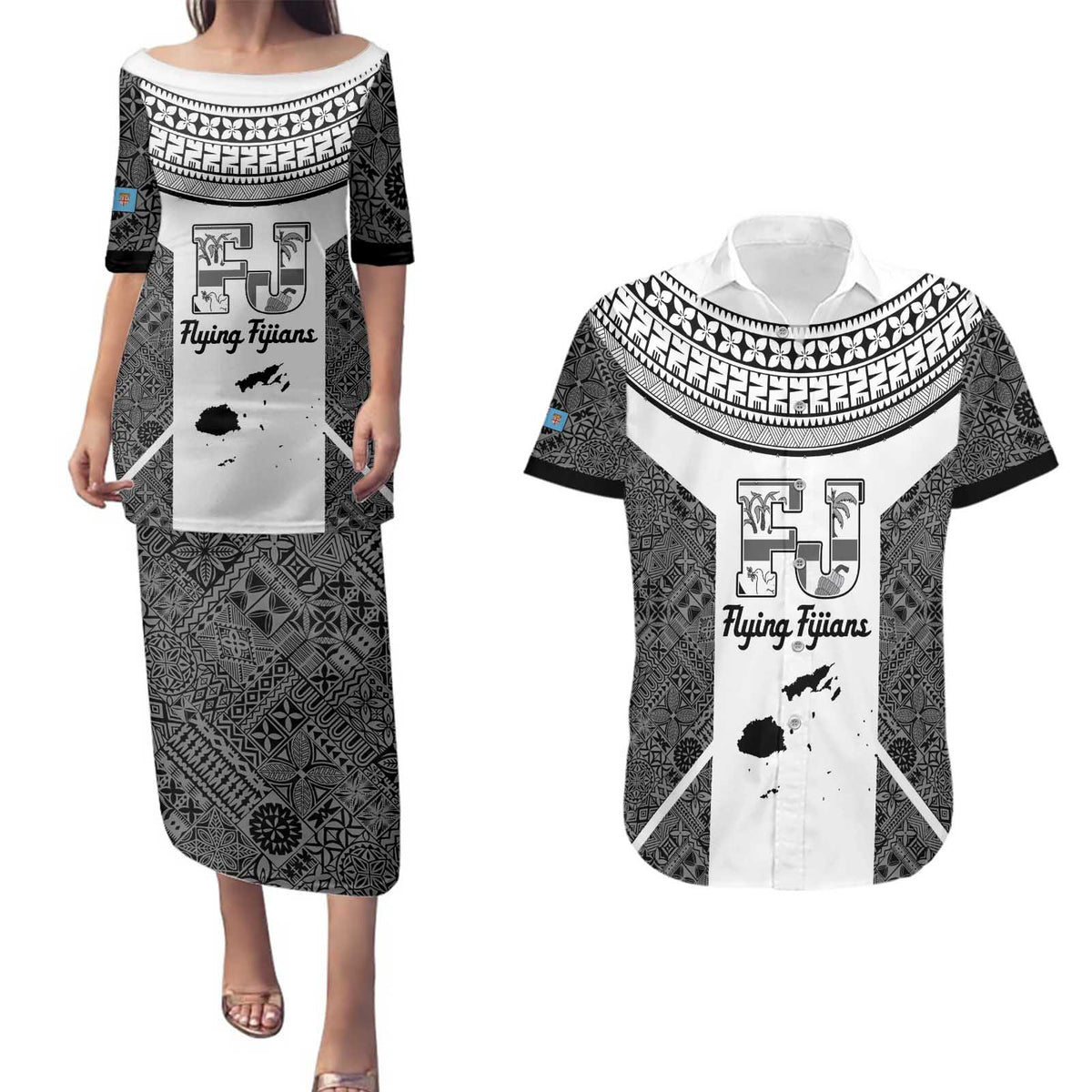 Custom Fiji Tapa Rugby Couples Matching Puletasi and Hawaiian Shirt Flying Fijian Black And White Version