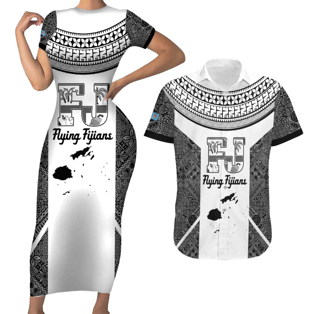 Custom Fiji Tapa Rugby Couples Matching Short Sleeve Bodycon Dress and Hawaiian Shirt Flying Fijian Black And White Version