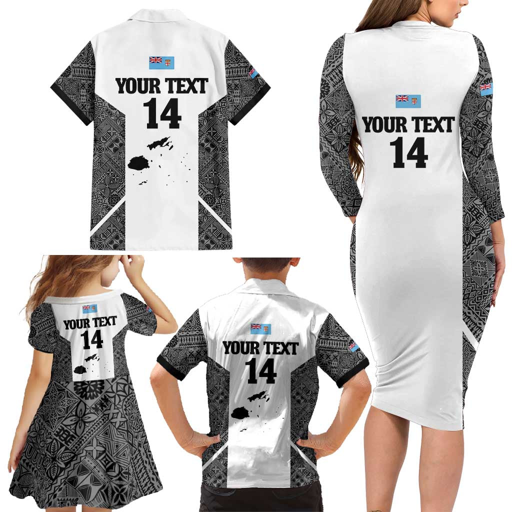Custom Fiji Tapa Rugby Family Matching Long Sleeve Bodycon Dress and Hawaiian Shirt Flying Fijian Black And White Version