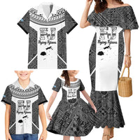 Custom Fiji Tapa Rugby Family Matching Mermaid Dress and Hawaiian Shirt Flying Fijian Black And White Version
