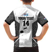 Custom Fiji Tapa Rugby Family Matching Off The Shoulder Long Sleeve Dress and Hawaiian Shirt Flying Fijian Black And White Version