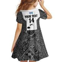 Custom Fiji Tapa Rugby Family Matching Off The Shoulder Long Sleeve Dress and Hawaiian Shirt Flying Fijian Black And White Version