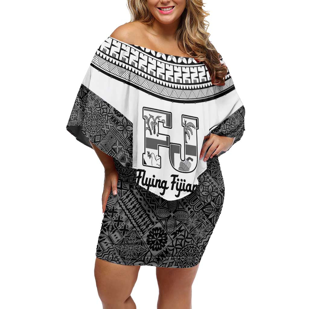 Custom Fiji Tapa Rugby Family Matching Off Shoulder Short Dress and Hawaiian Shirt Flying Fijian Black And White Version