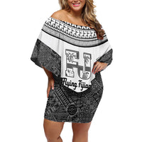 Custom Fiji Tapa Rugby Family Matching Off Shoulder Short Dress and Hawaiian Shirt Flying Fijian Black And White Version