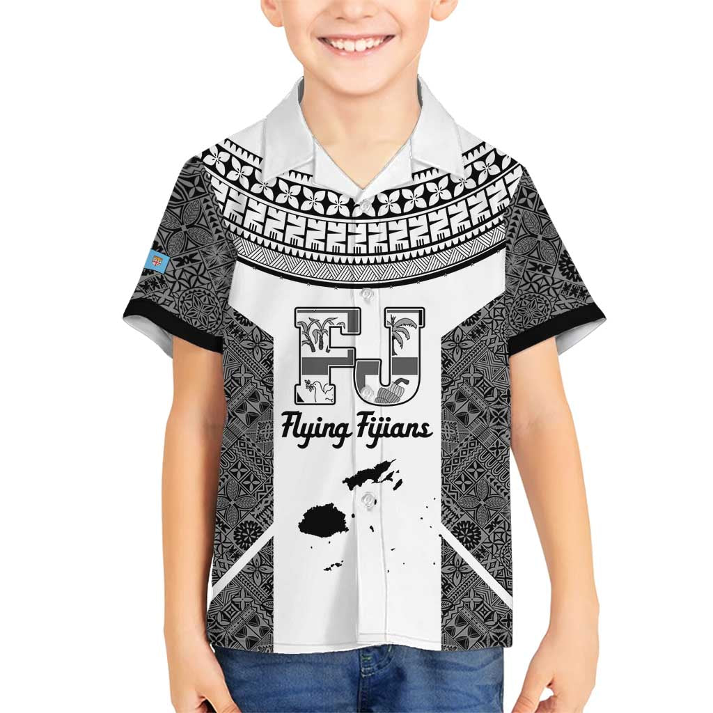 Custom Fiji Tapa Rugby Family Matching Puletasi and Hawaiian Shirt Flying Fijian Black And White Version