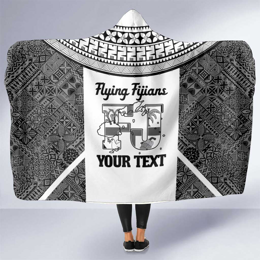 Custom Fiji Tapa Rugby Hooded Blanket Flying Fijian Black And White Version