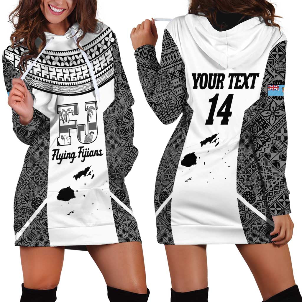 Custom Fiji Tapa Rugby Hoodie Dress Flying Fijian Black And White Version