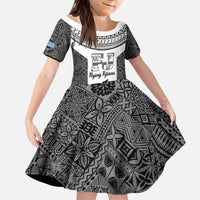 Custom Fiji Tapa Rugby Kid Short Sleeve Dress Flying Fijian Black And White Version
