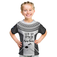 Custom Fiji Tapa Rugby Kid T Shirt Flying Fijian Black And White Version