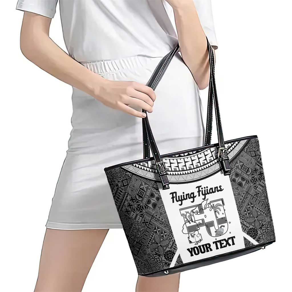Custom Fiji Tapa Rugby Leather Tote Bag Flying Fijian Black And White Version