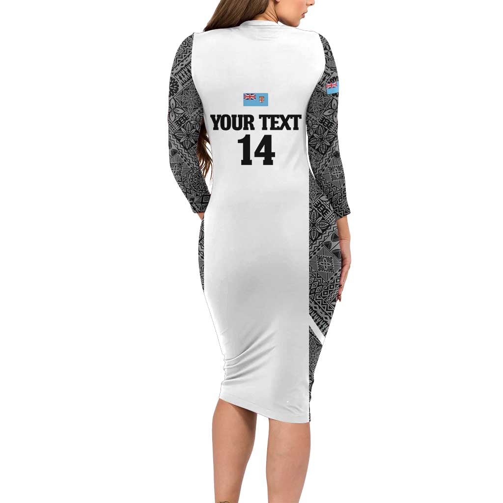 Custom Fiji Tapa Rugby Long Sleeve Bodycon Dress Flying Fijian Black And White Version