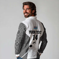 Custom Fiji Tapa Rugby Long Sleeve Polo Shirt Flying Fijian Black And White Version
