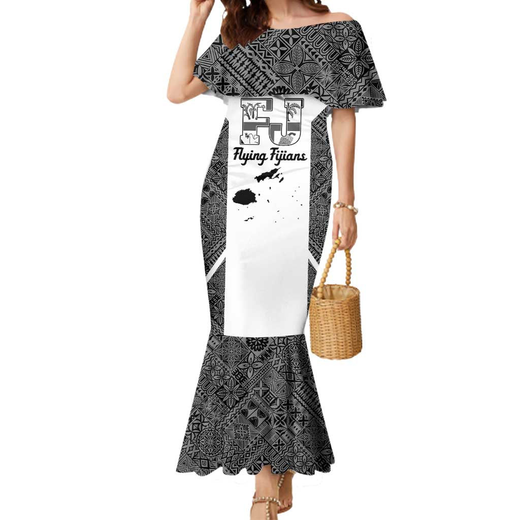 Custom Fiji Tapa Rugby Mermaid Dress Flying Fijian Black And White Version