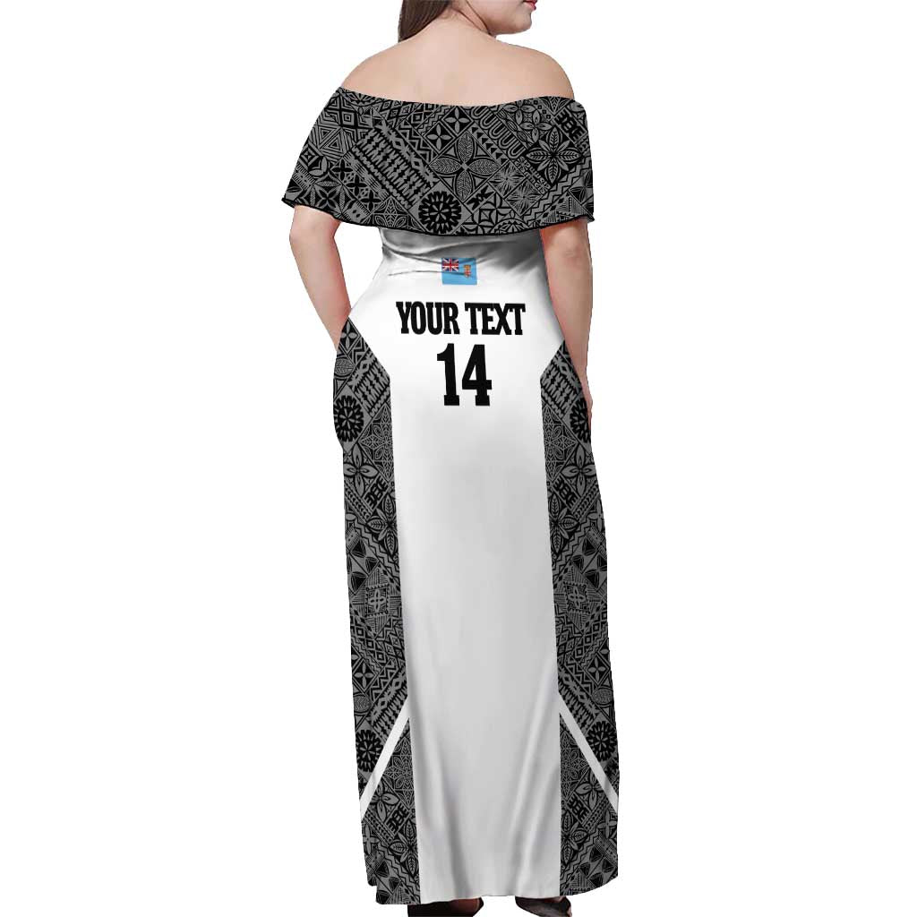 Custom Fiji Tapa Rugby Off Shoulder Maxi Dress Flying Fijian Black And White Version
