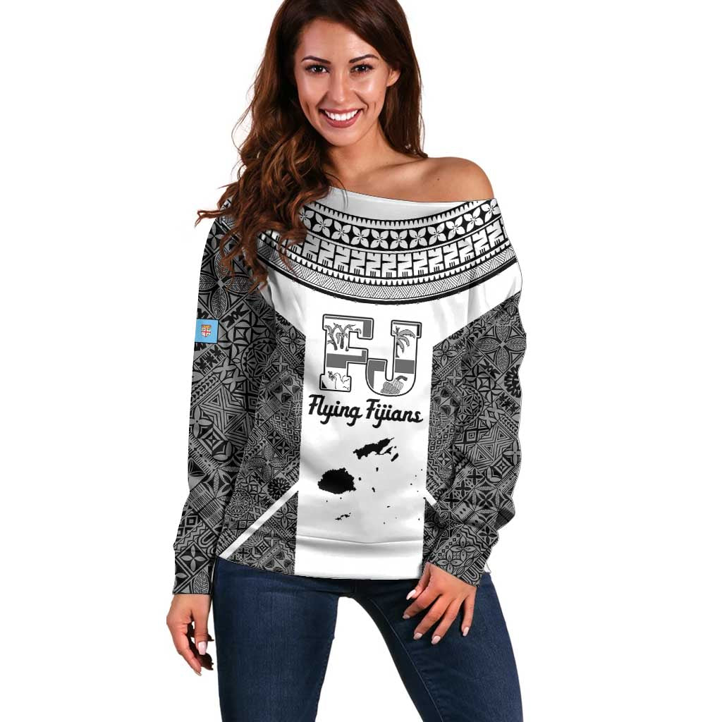 Custom Fiji Tapa Rugby Off Shoulder Sweater Flying Fijian Black And White Version