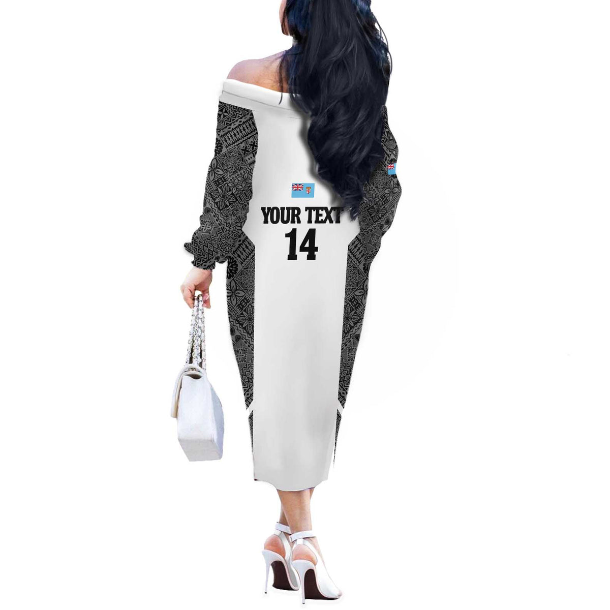 Custom Fiji Tapa Rugby Off The Shoulder Long Sleeve Dress Flying Fijian Black And White Version