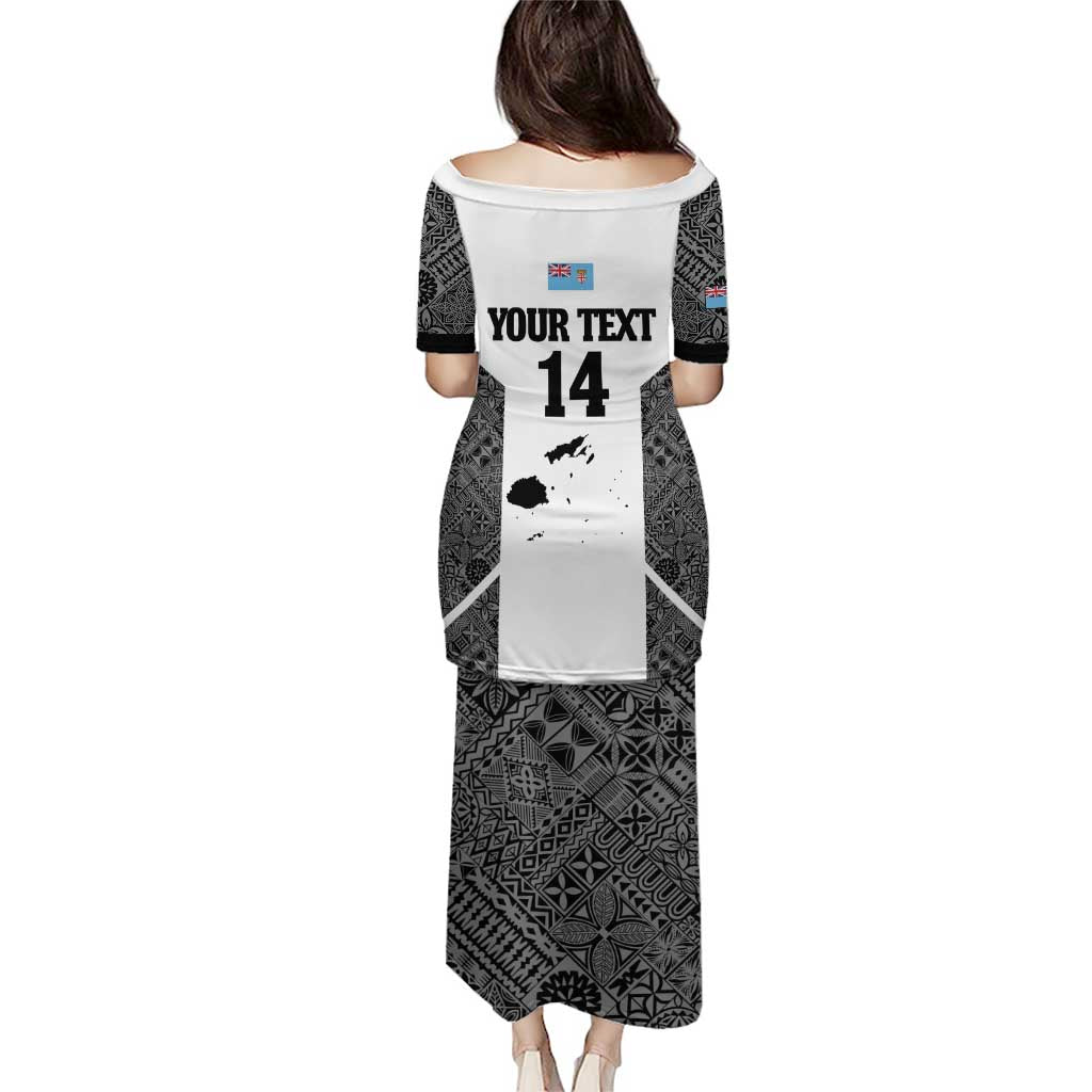 Custom Fiji Tapa Rugby Puletasi Flying Fijian Black And White Version