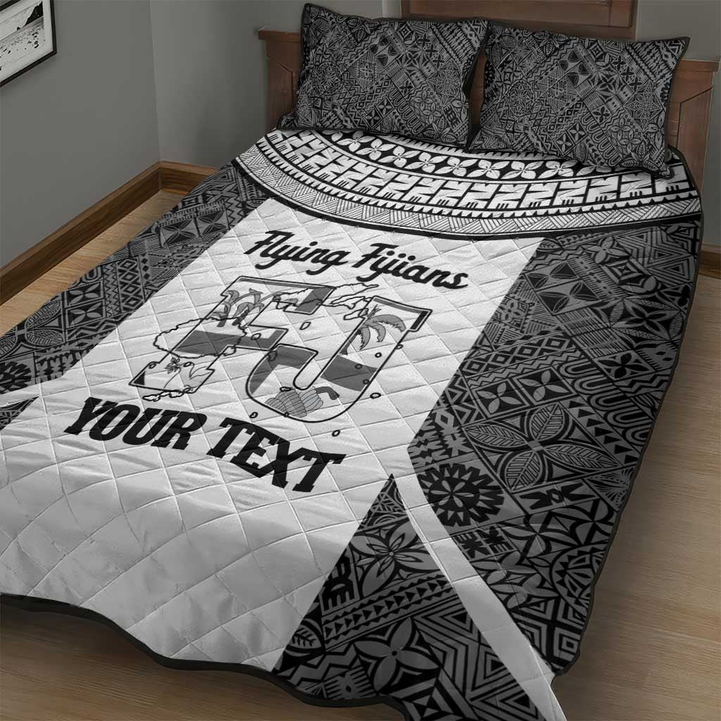 Custom Fiji Tapa Rugby Quilt Bed Set Flying Fijian Black And White Version
