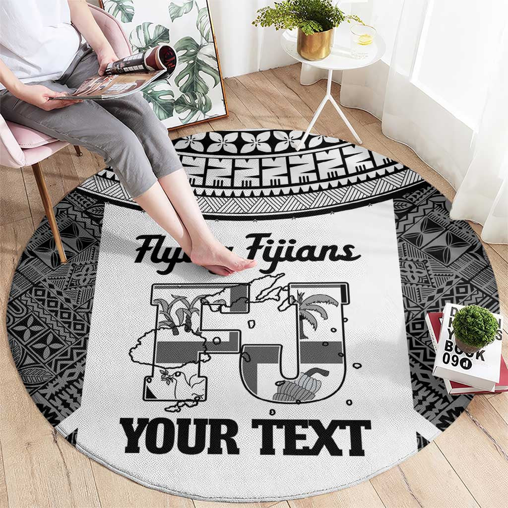 Custom Fiji Tapa Rugby Round Carpet Flying Fijian Black And White Version