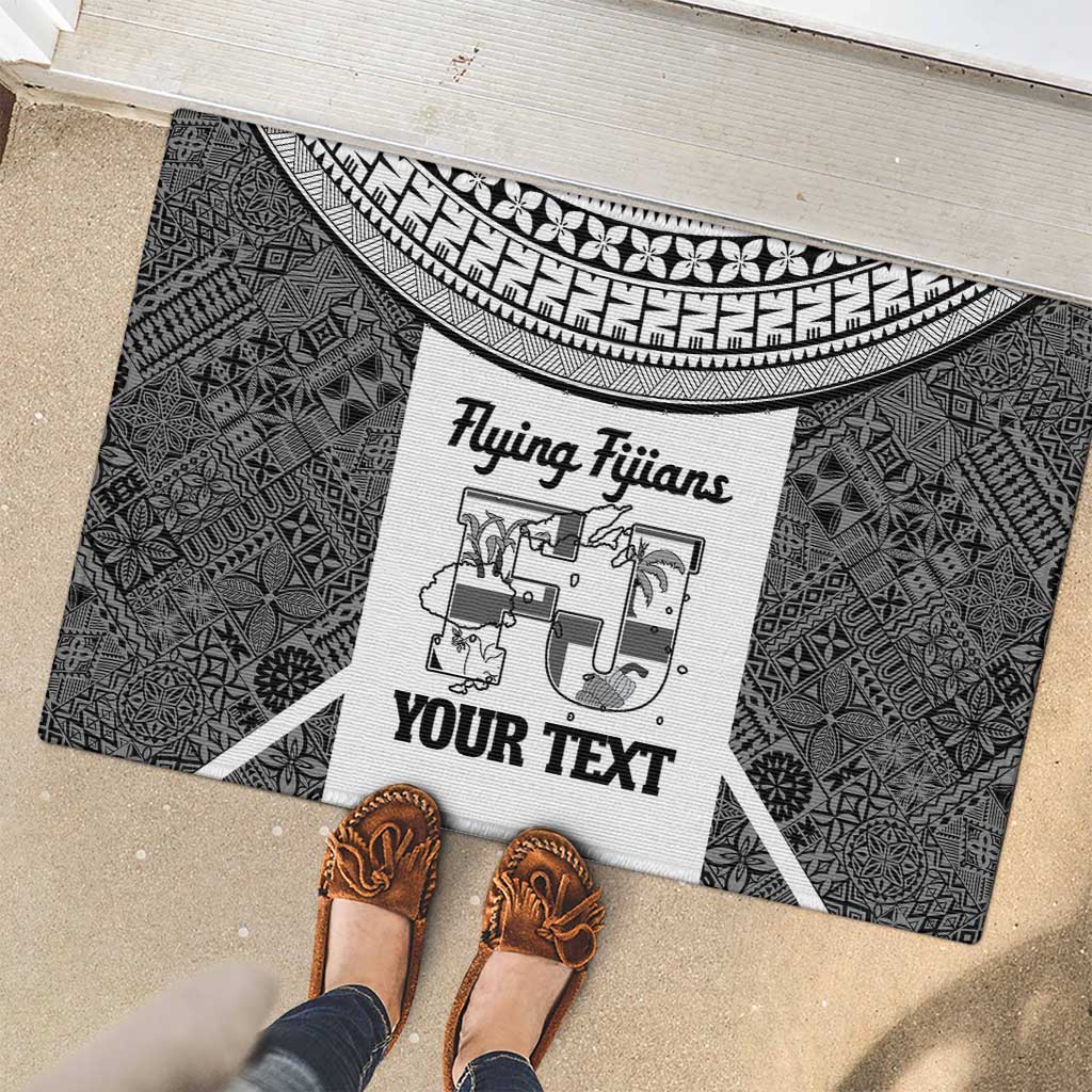 Custom Fiji Tapa Rugby Rubber Doormat Flying Fijian Black And White Version