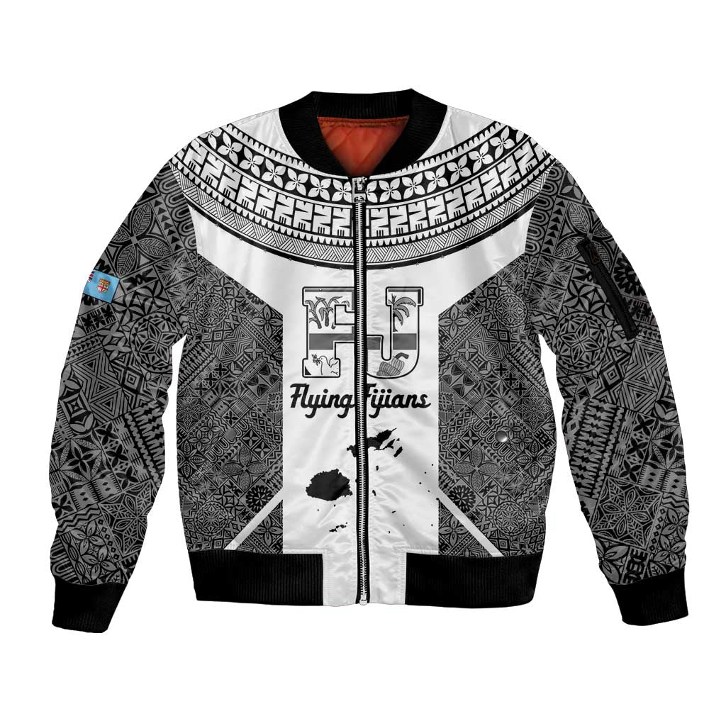 Custom Fiji Tapa Rugby Sleeve Zip Bomber Jacket Flying Fijian Black And White Version