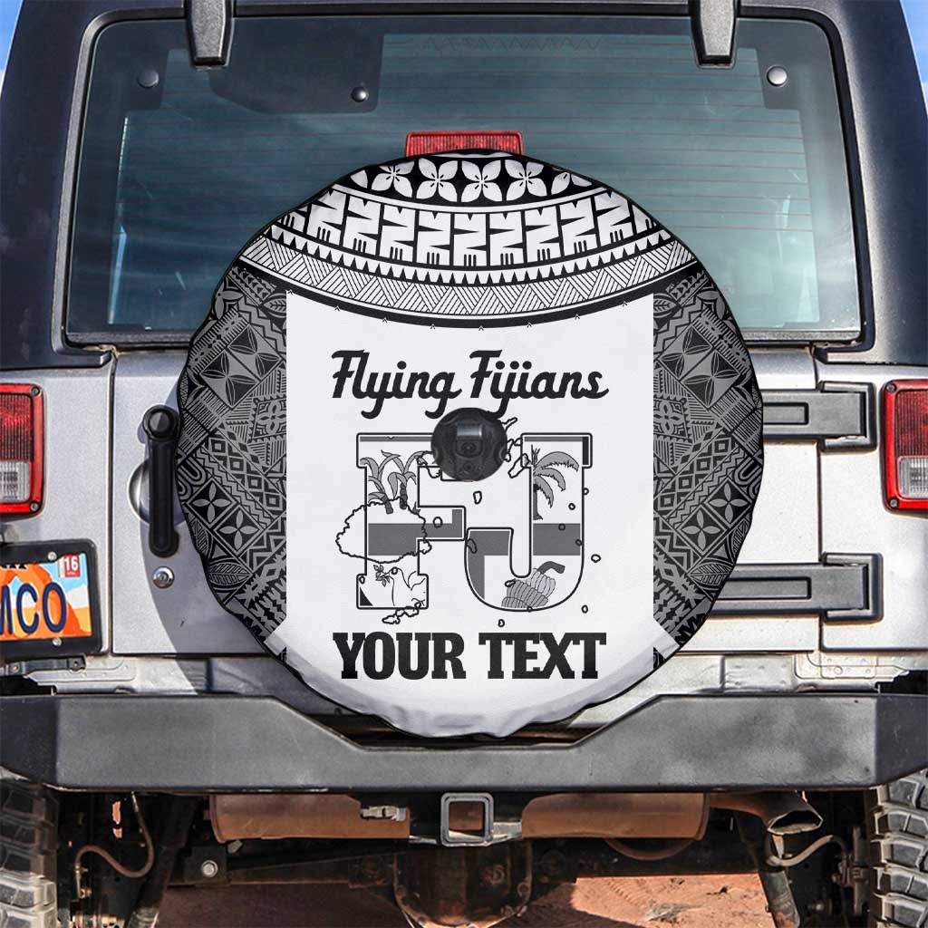 Custom Fiji Tapa Rugby Spare Tire Cover Flying Fijian Black And White Version