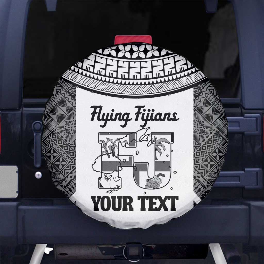 Custom Fiji Tapa Rugby Spare Tire Cover Flying Fijian Black And White Version