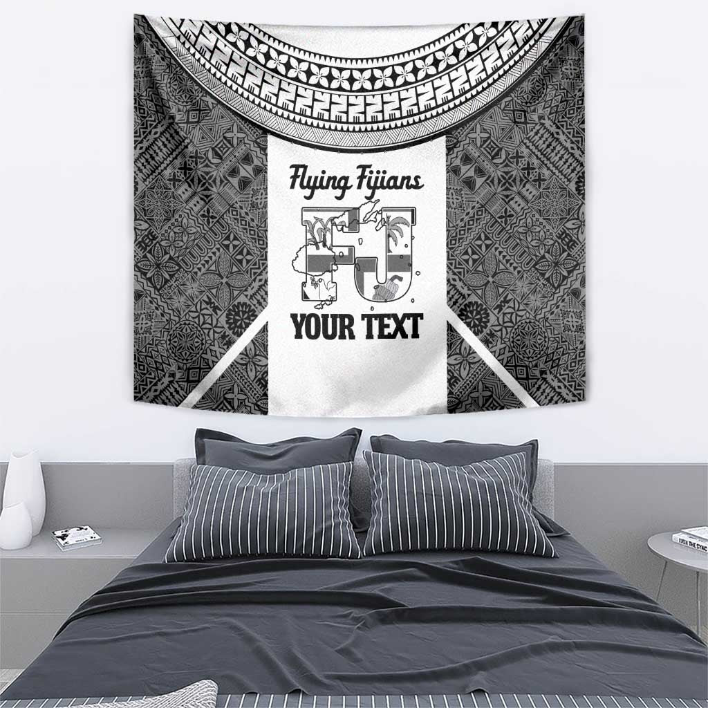 Custom Fiji Tapa Rugby Tapestry Flying Fijian Black And White Version
