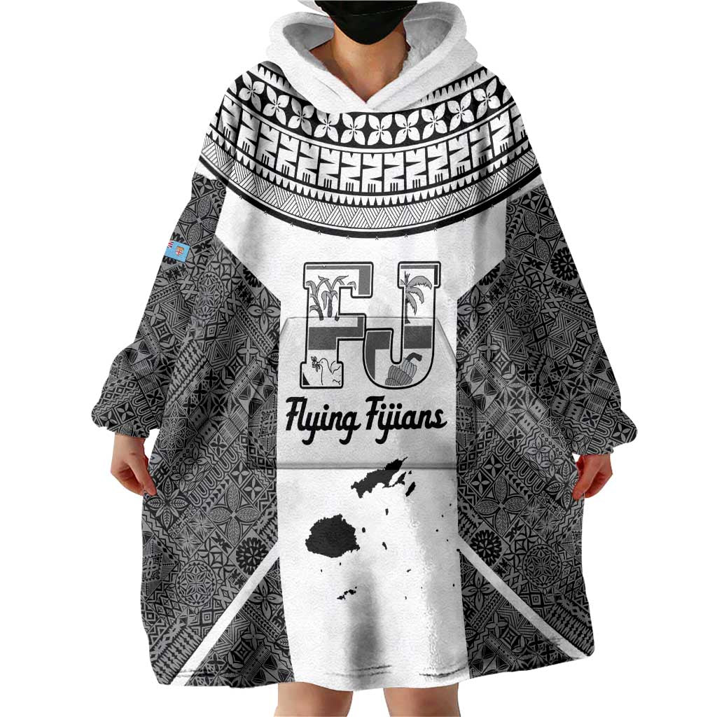 Custom Fiji Tapa Rugby Wearable Blanket Hoodie Flying Fijian Black And White Version