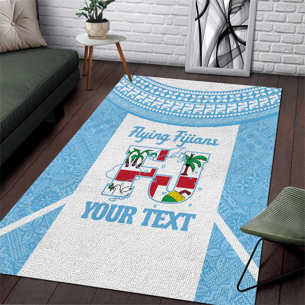 Custom Fiji Tapa Rugby Area Rug Flying Fijian Blue And White Version