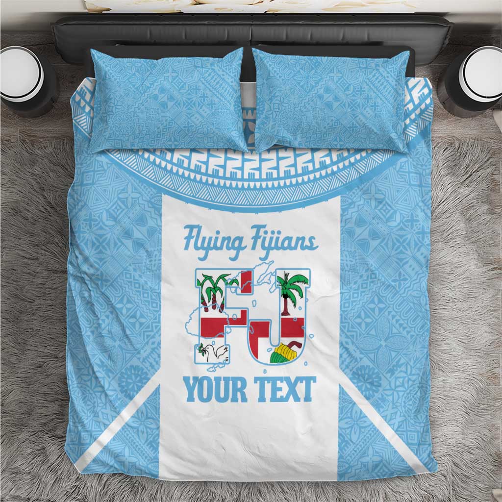 Custom Fiji Tapa Rugby Bedding Set Flying Fijian Blue And White Version