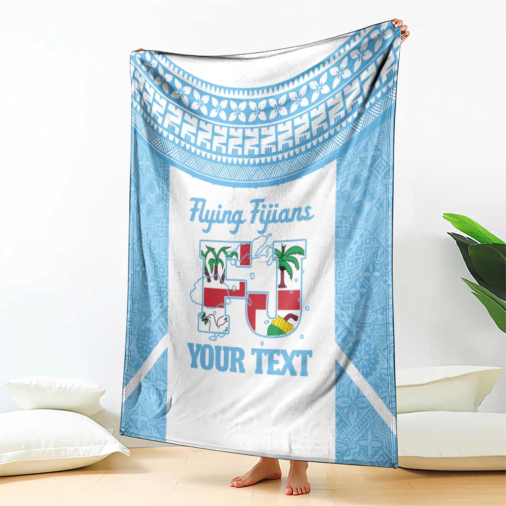 Custom Fiji Tapa Rugby Blanket Flying Fijian Blue And White Version