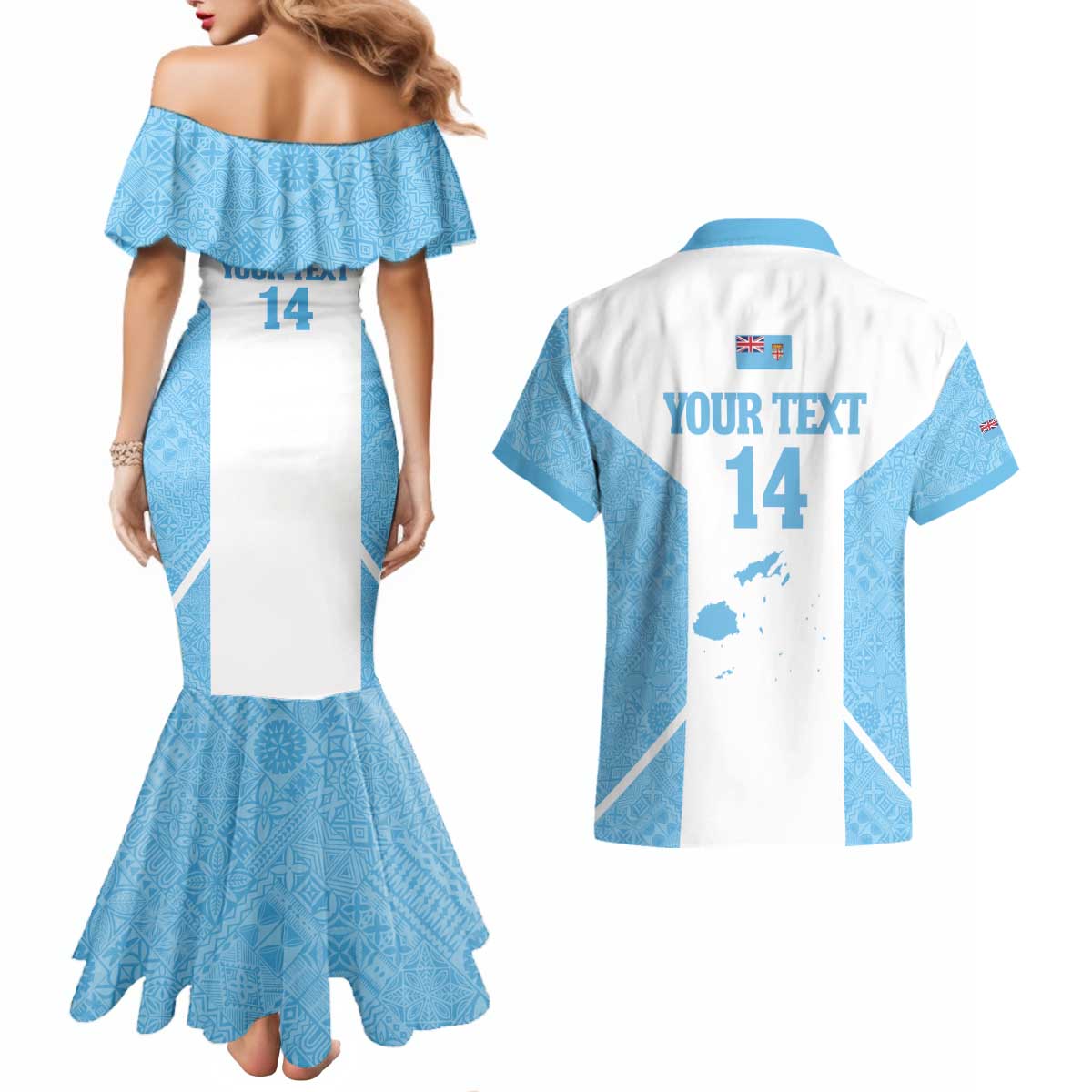 Custom Fiji Tapa Rugby Couples Matching Mermaid Dress and Hawaiian Shirt Flying Fijian Blue And White Version